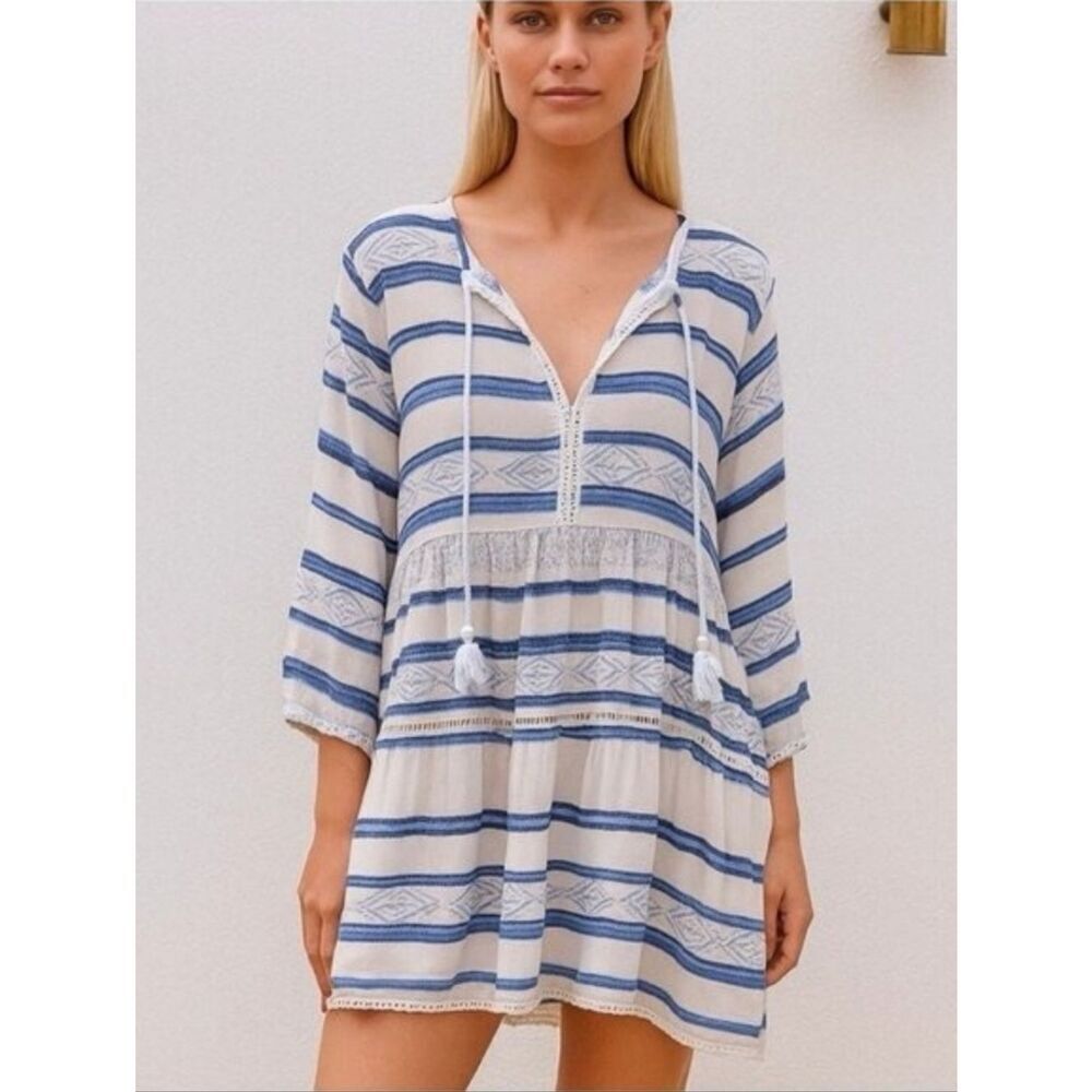 Aspiga Sophia Striped Kaftan Mini Dress - Blue & White Size M